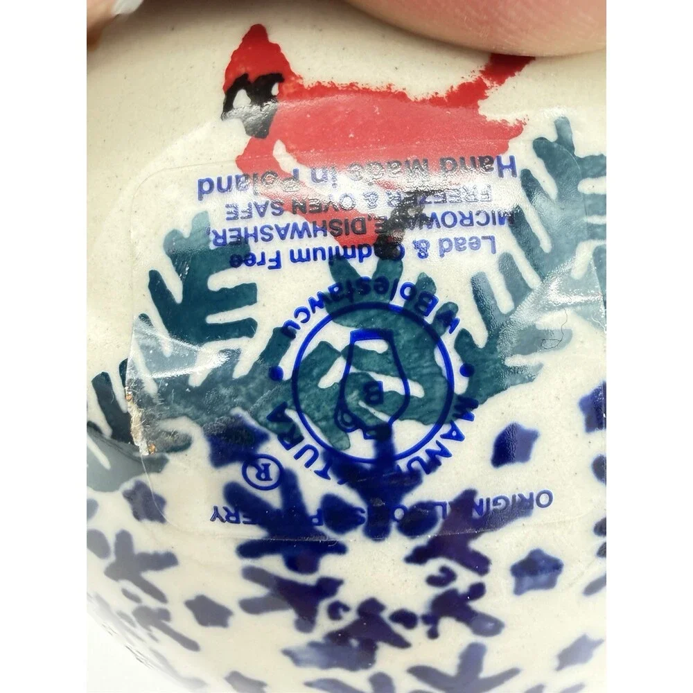 Boleslawiec Polish Art Pottery Hand Painted Cardinal Snow Flakes Piggy Bank